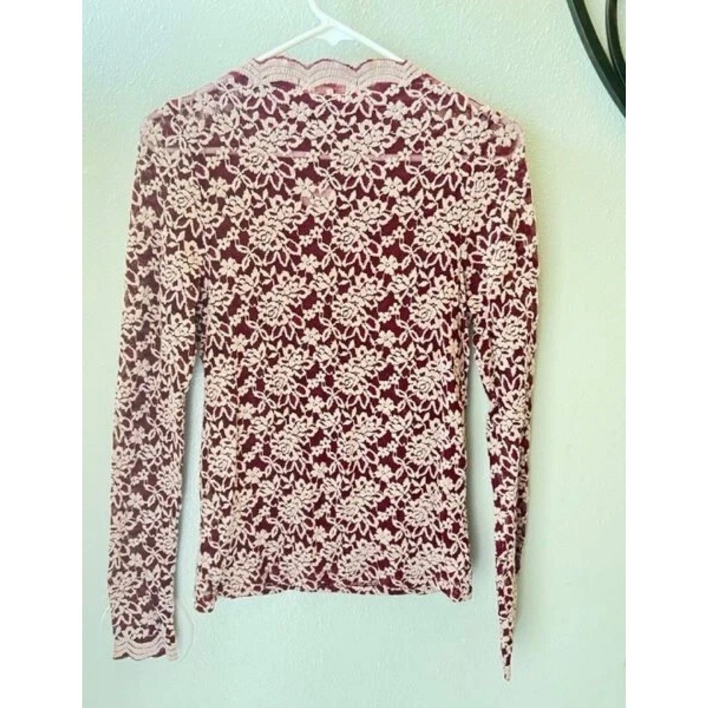 Burgundy Cream Floral Lace Mesh Long Sleeve Scalloped Mock Neck Top medium
